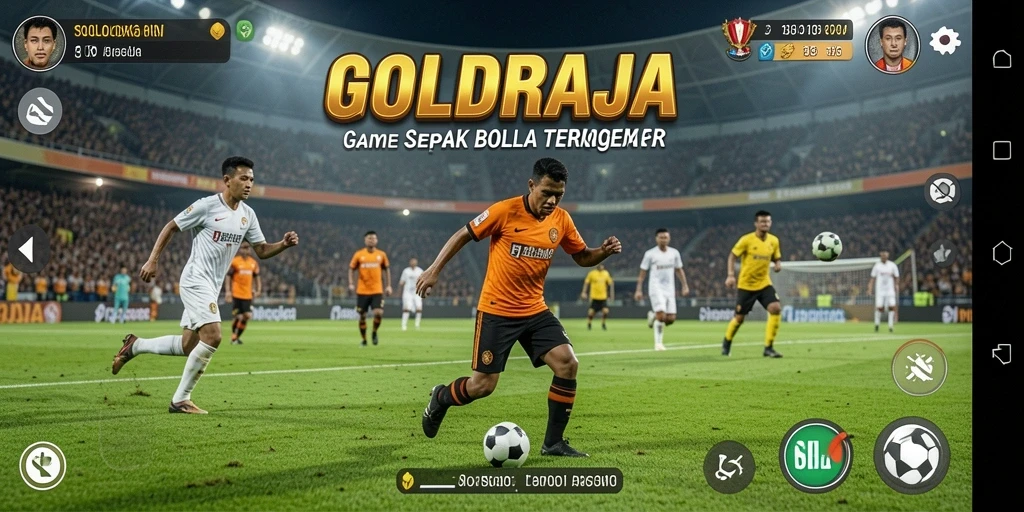 Screenshot gameplay <strong>GOLDRAJA</strong> menampilkan pertandingan sepak bola yang menegangkan.