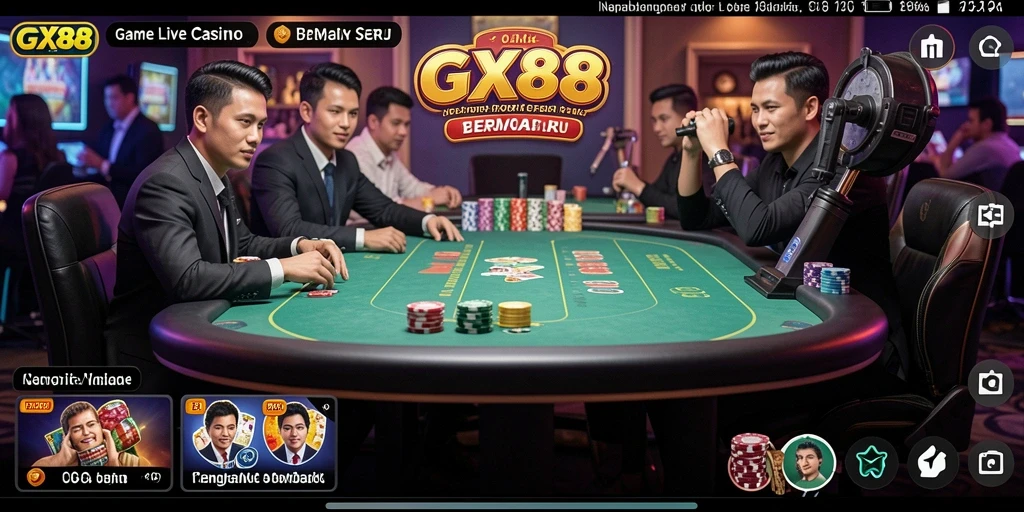 Tampilan gameplay GX88 dengan dealer langsung dan suasana kasino menarik.