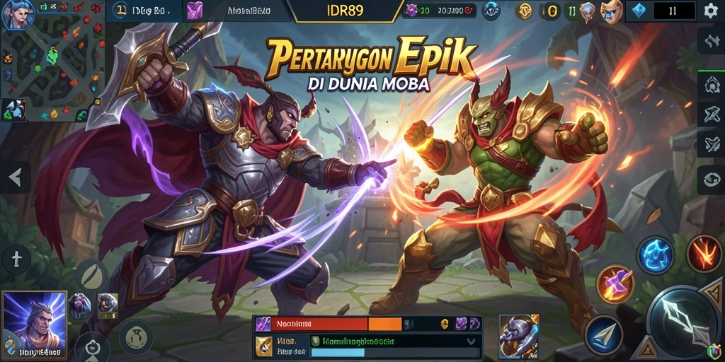 Screenshot gameplay IDR89 menampilkan karakter-karakter beraksi di arena MOBA.