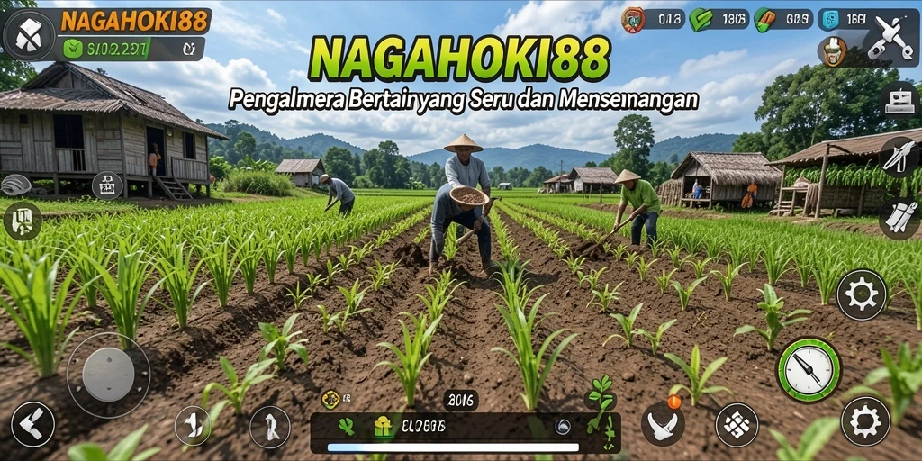 Tampilan gameplay seru dengan ladang subur dan hewan ternak.
