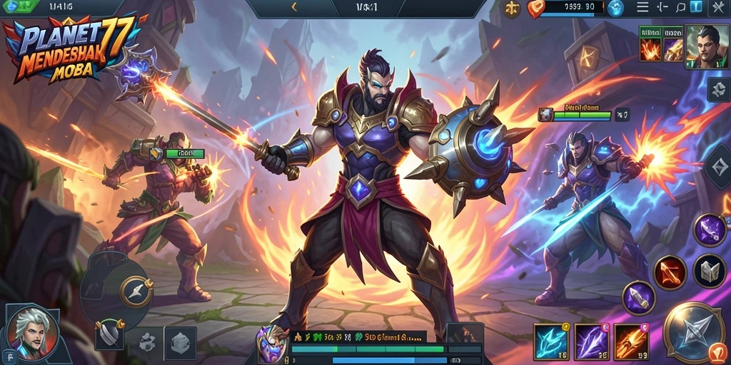 Gameplay intens dalam <strong>PLANET77</strong>, pertempuran seru di arena MOBA.