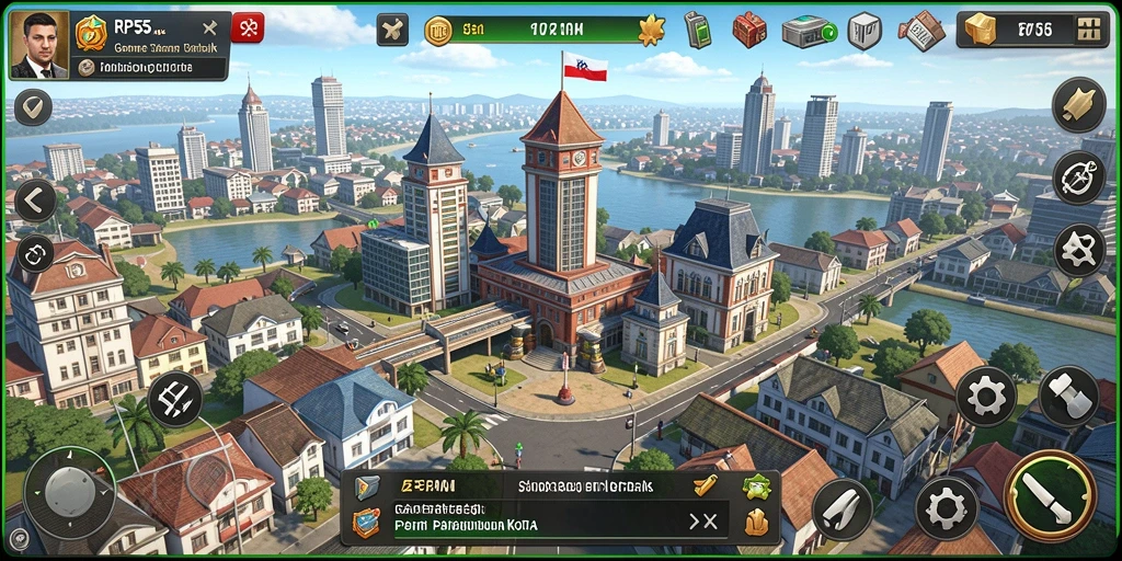 Tampilan gameplay RP55 yang menampilkan kota yang sedang dibangun.