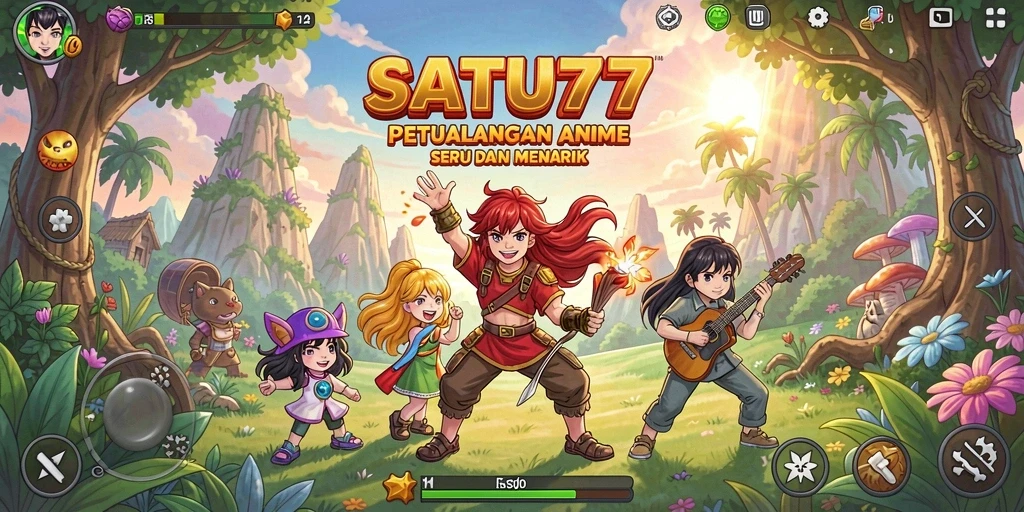 Tangkapan layar utama dari SATU77 menampilkan aksi pertempuran yang seru di dunia Anime.